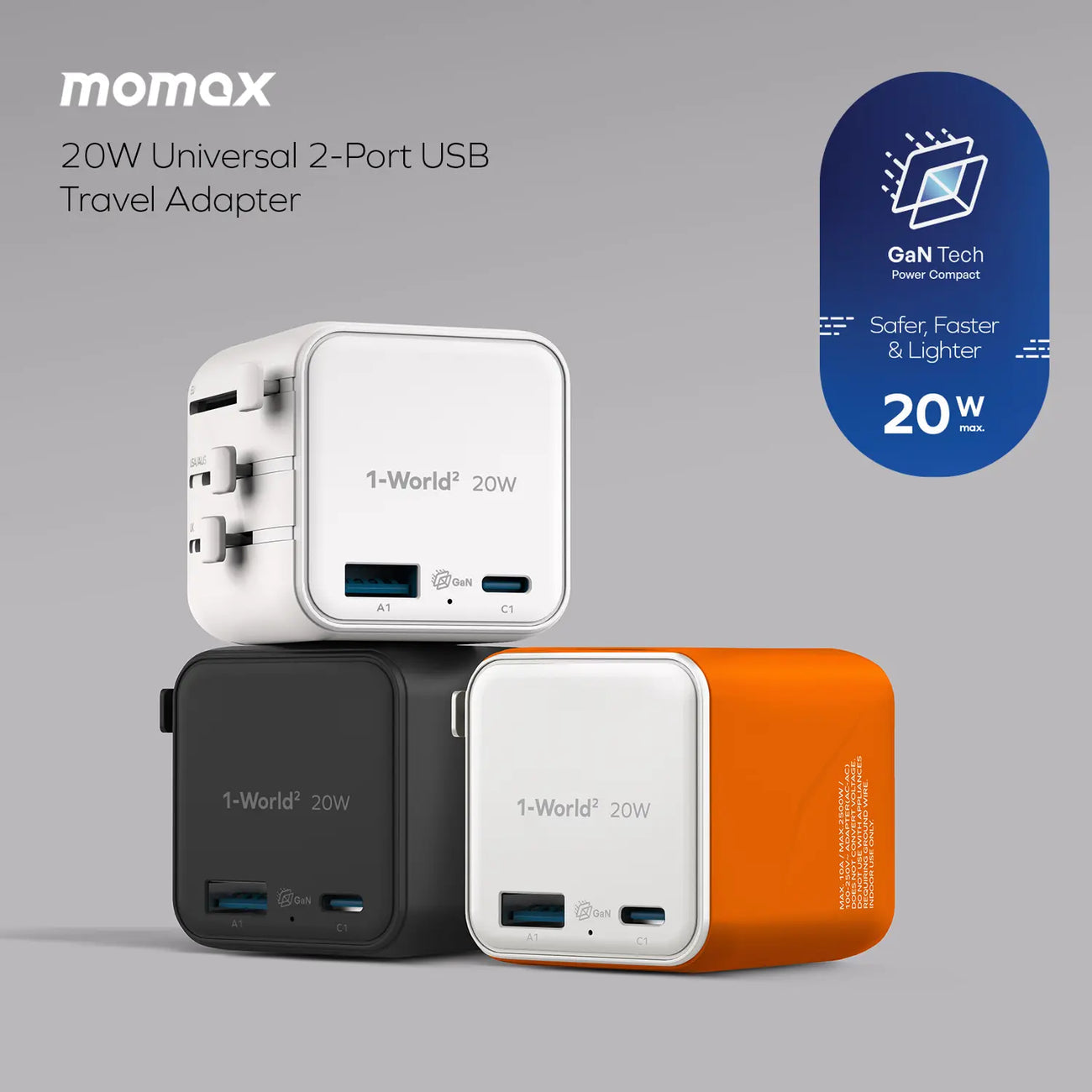 Momax 2-Port 20W GaN Travel Charger USB-C & USB-A